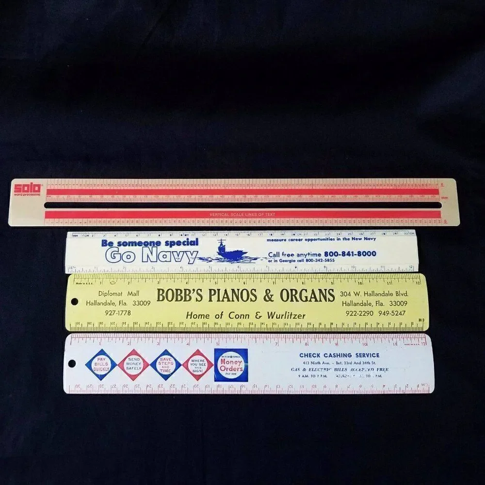 Vintage Advertising Rulers Go Navy Bobs Pianos Check Cashing Word Processing